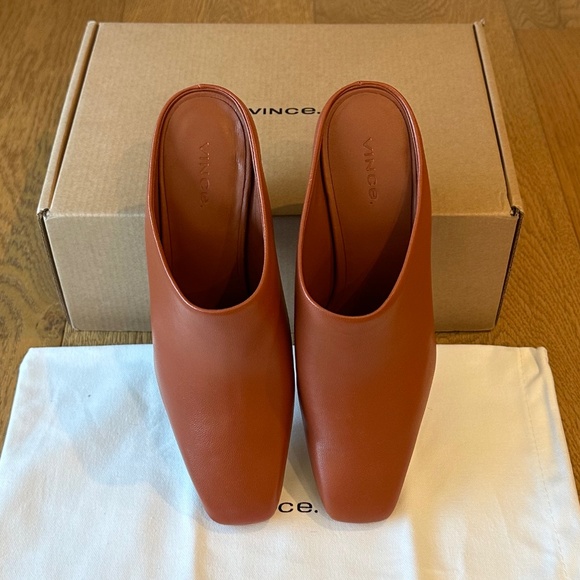 Vince Leather Benita Square Toe Slip On Clog Wedge Heel Pumps (Rust Amber) - Picture 7 of 16